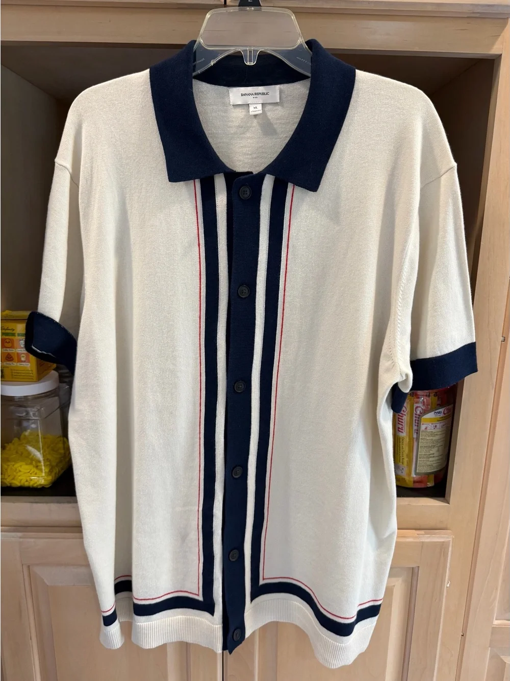 Banana Republic Cream and Navy Short-Sleeve Button-Front Knit Polo XL
